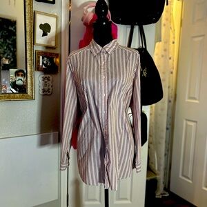 Vintage dark academia white & burgundy striped button down long sleeve top